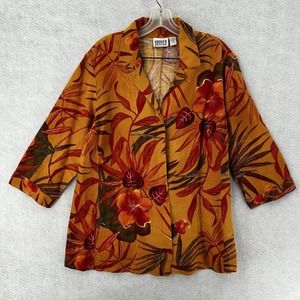 Chico's Design Shirt Womens Sz 1 (MEDIUM) Tropical 100% Linen Button‎ Up Blouse